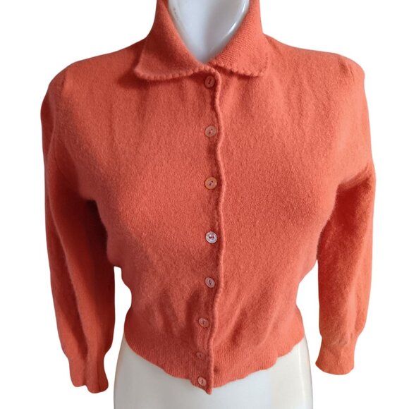 Vintage Women's Small Sweater Angora Lambs Wool Orange Cardigan 1950's Sock Hop - Picture 2 of 10